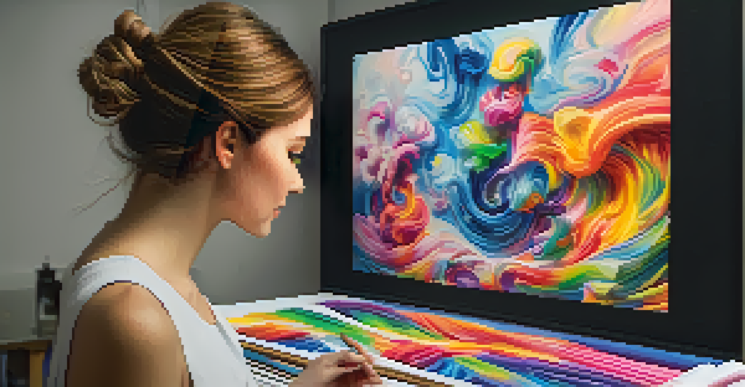 An artist using augmented reality to create an immersive artwork, showcasing their focused expression and vibrant colors in a modern studio.