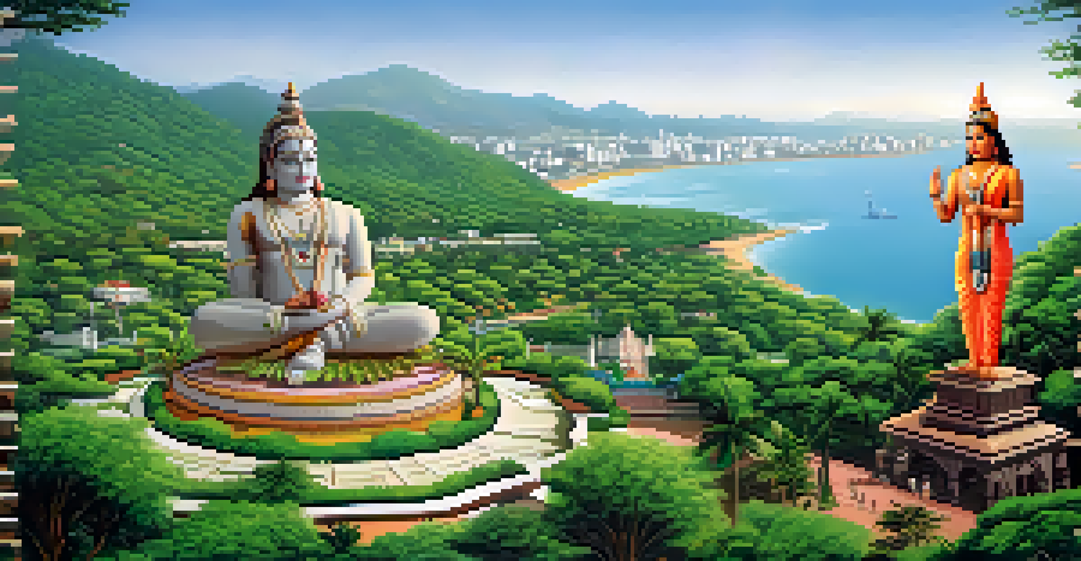 Aerial view of Kailasagiri Hill Park, featuring lush gardens and large statues, with the city of Visakhapatnam and the coastline visible in the background.