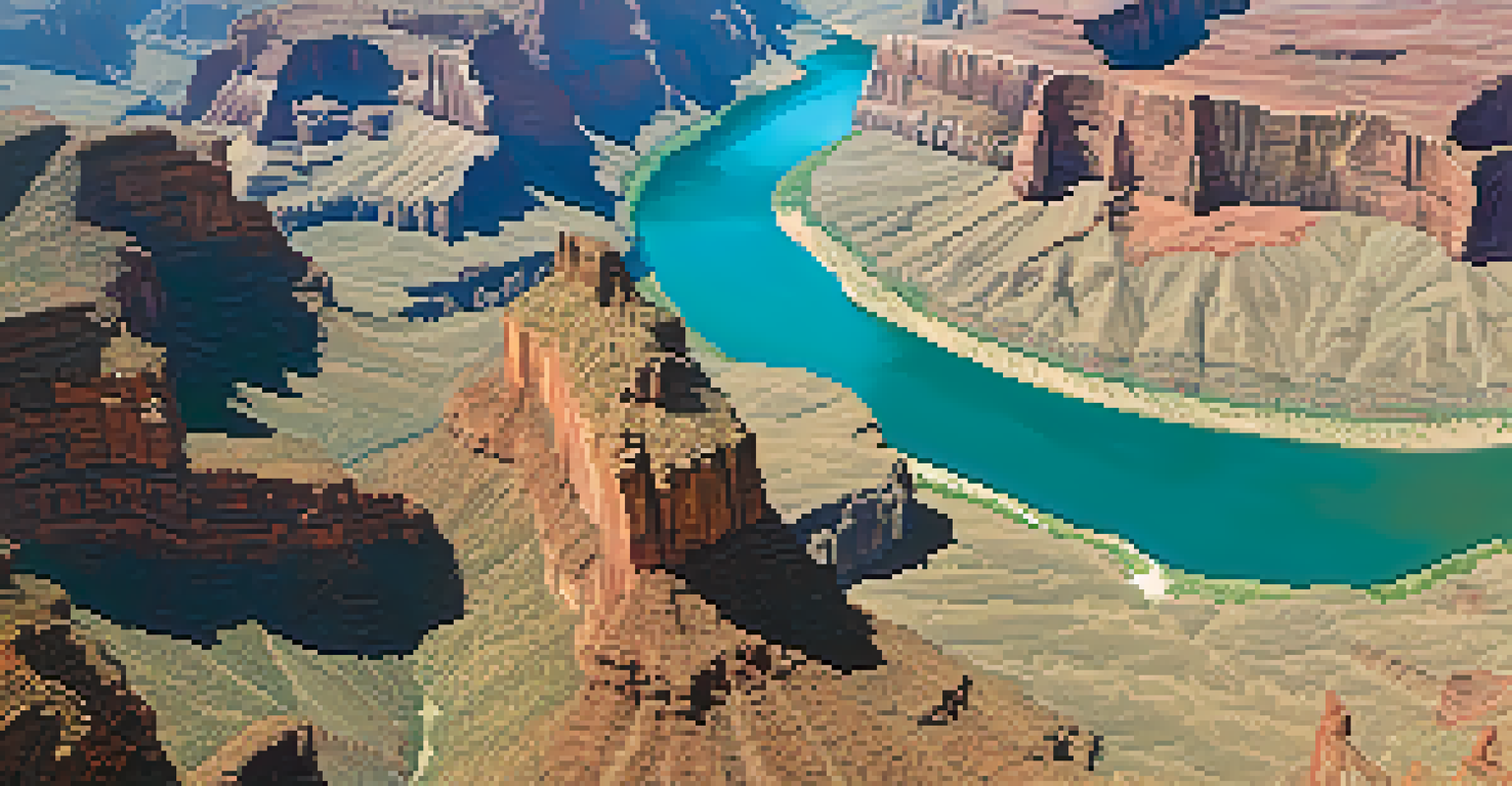 An aerial view of the Colorado River flowing through the Grand Canyon with rafters navigating the waters and majestic cliffs surrounding them.