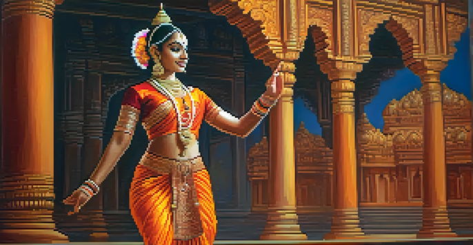 A Bharatanatyam dancer performing in a traditional costume, surrounded by temple architecture, with warm lighting highlighting her movements.