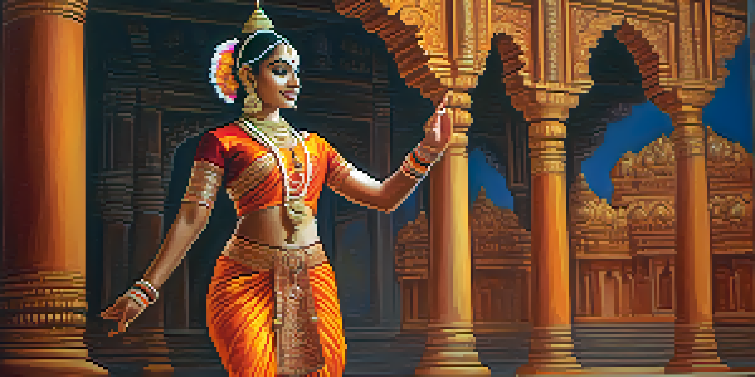 A Bharatanatyam dancer performing in a traditional costume, surrounded by temple architecture, with warm lighting highlighting her movements.