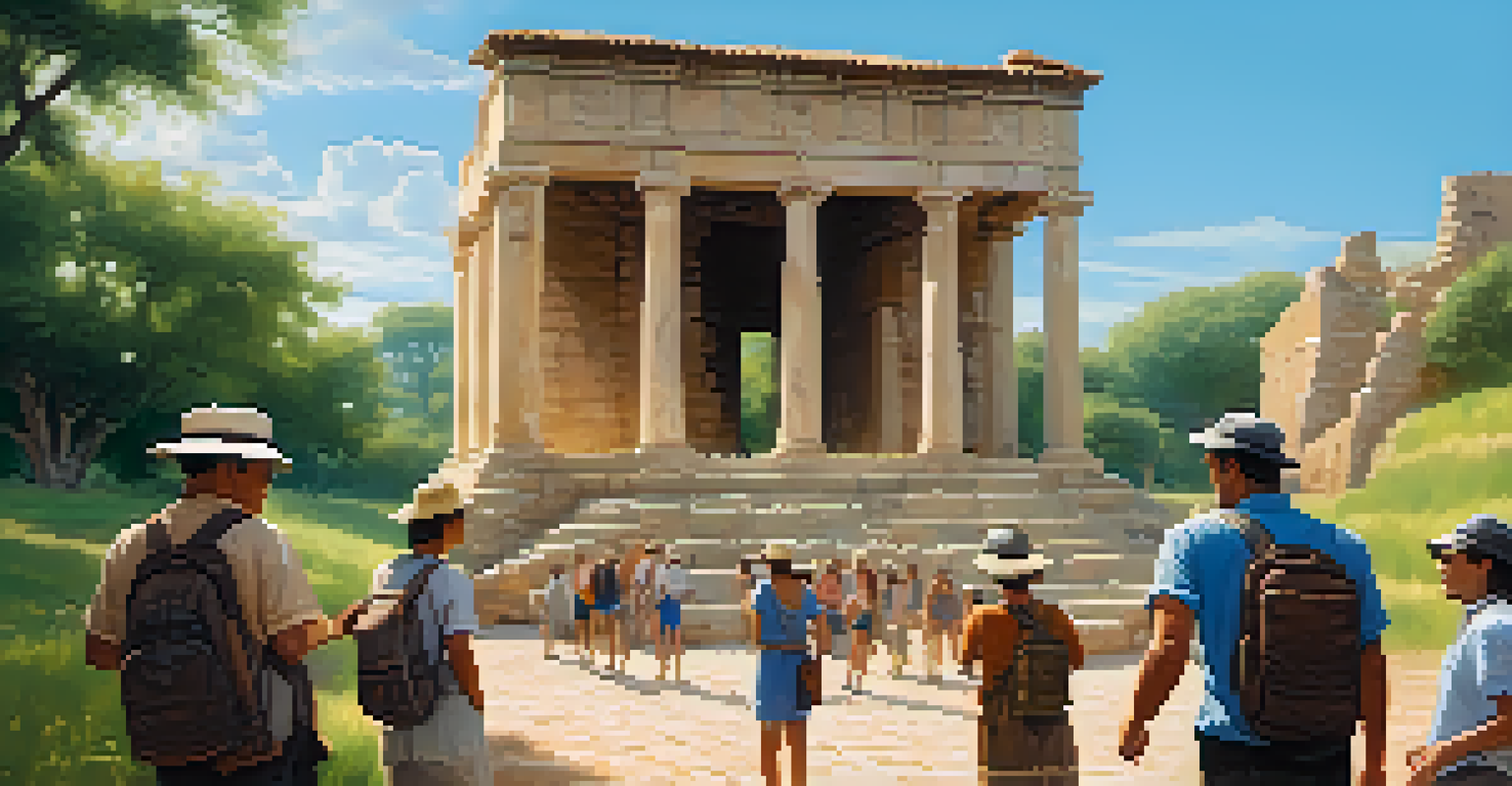 A local guide sharing stories with tourists at a historical site surrounded by ancient ruins.