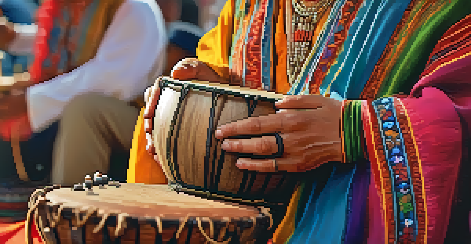 A close-up of a musician's hands playing a traditional instrument with a festive gathering blurred in the background.