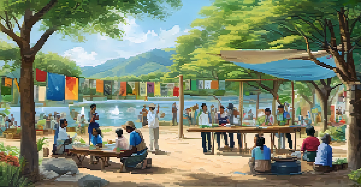 A community workshop focused on water conservation with local residents and tourists, surrounded by colorful banners and local plants.