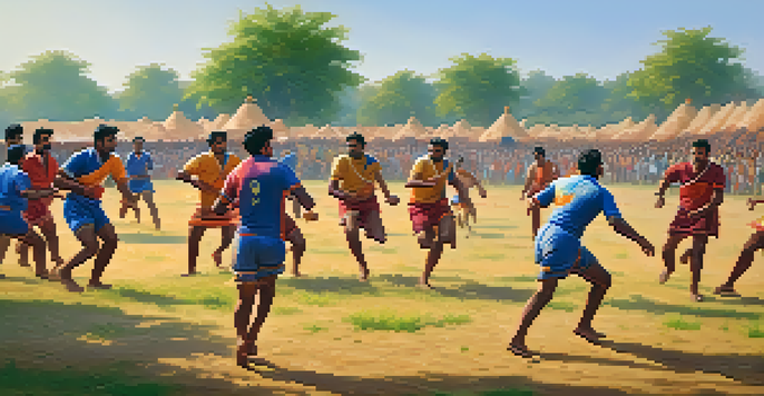 A Kabaddi match taking place outdoors in a rural area, with players in colorful jerseys and spectators cheering, surrounded by greenery and a blue sky.