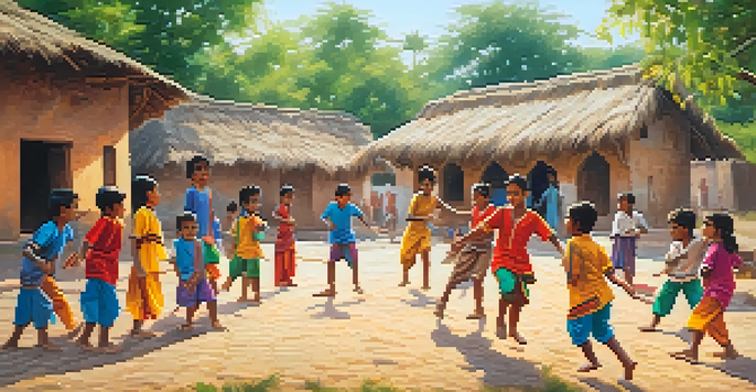 Children playing traditional Indian games in a village square, showcasing their colorful clothing and joyful expressions.