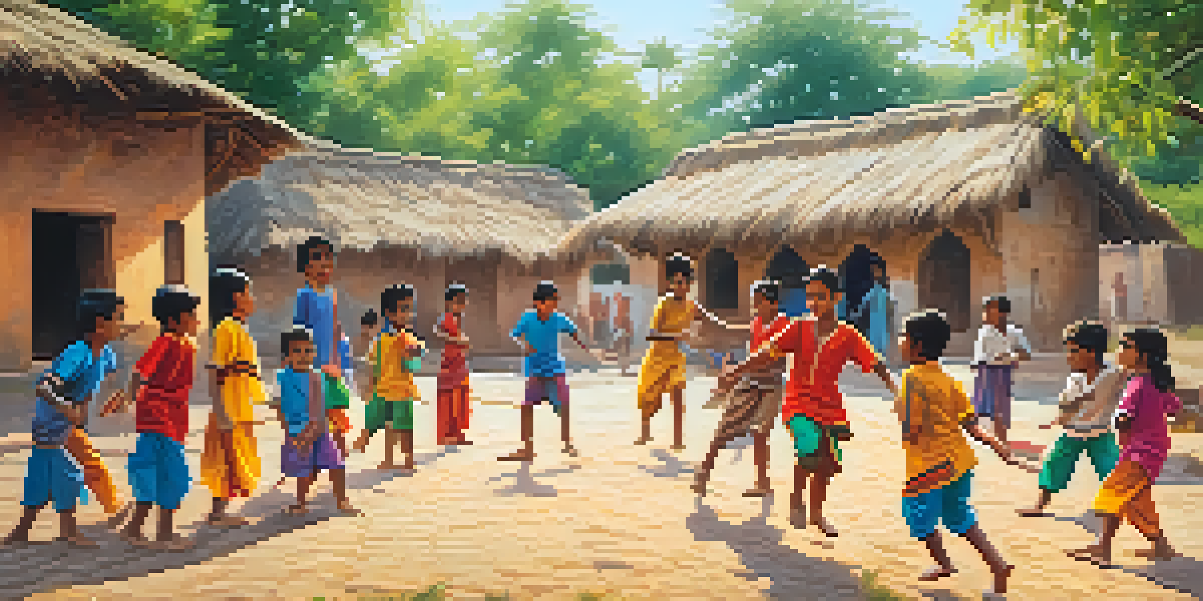 Children playing traditional Indian games in a village square, showcasing their colorful clothing and joyful expressions.