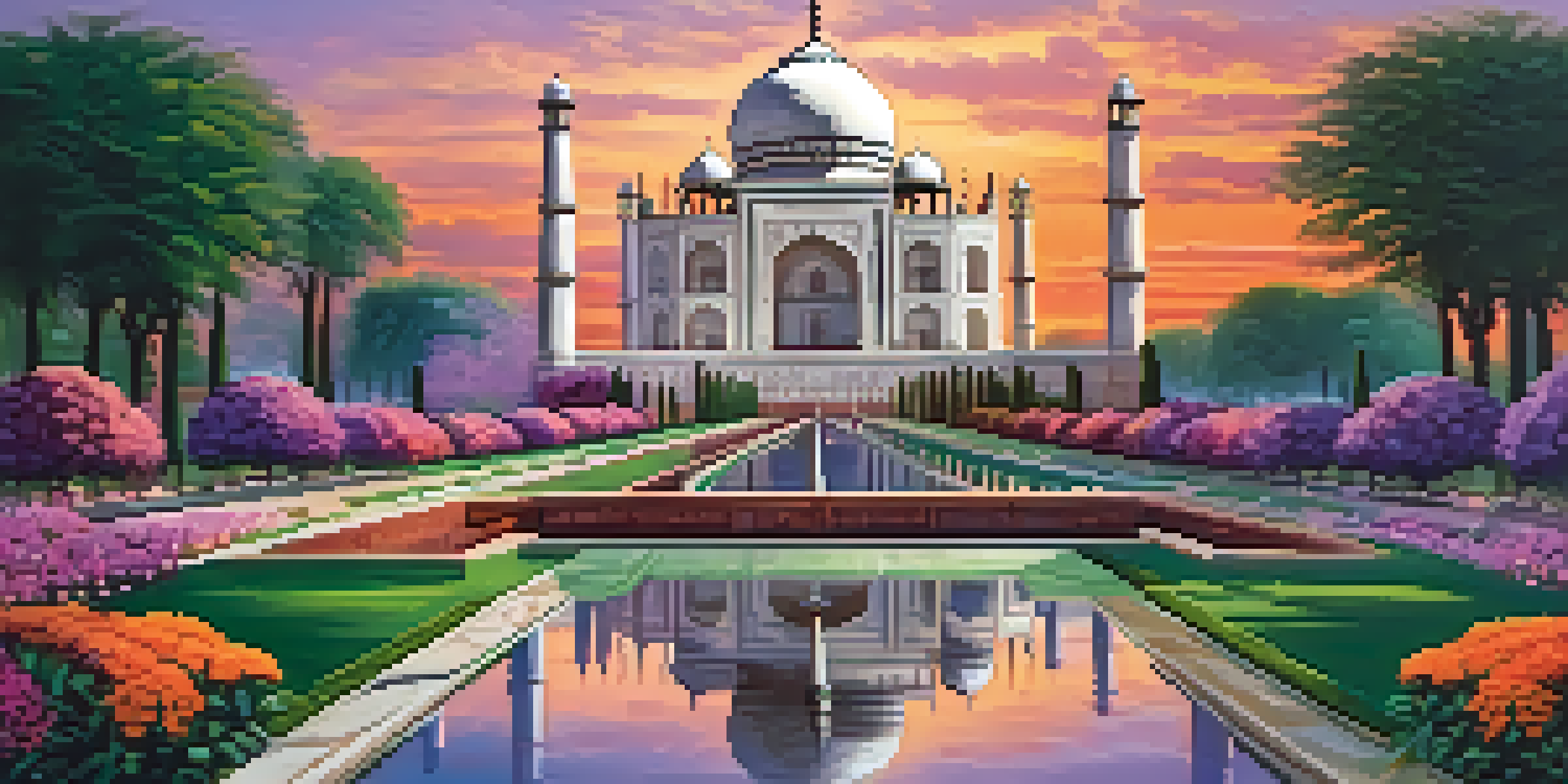 A panoramic view of the Taj Mahal at sunset, surrounded by lush gardens and reflecting in a water pool.