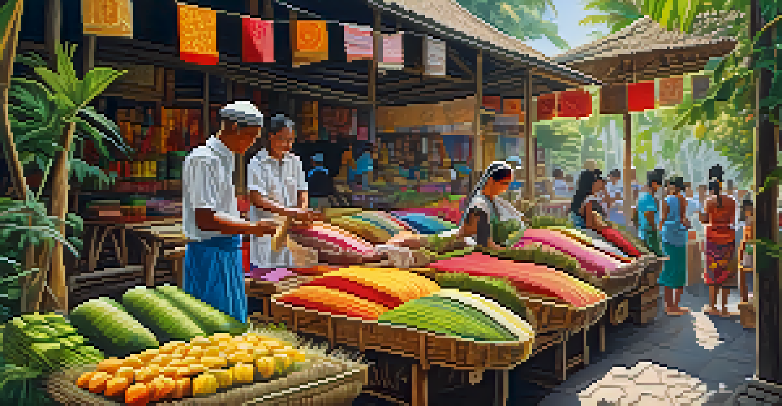 An artisan market in Bali with artisans creating crafts amid lush greenery.