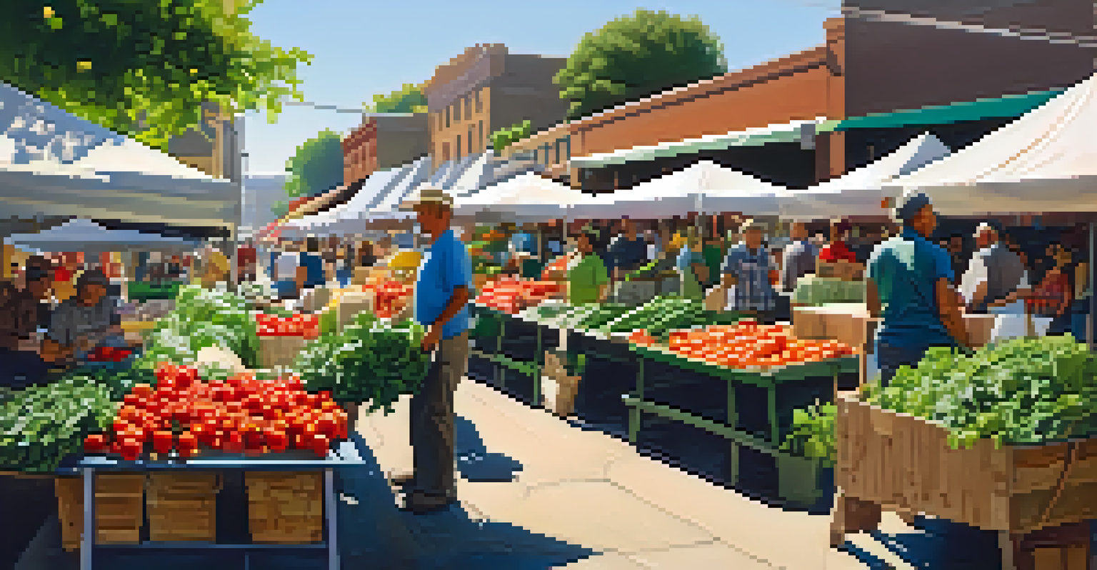 A lively farmer's market with colorful stalls of fresh produce and a farmer interacting with customers.