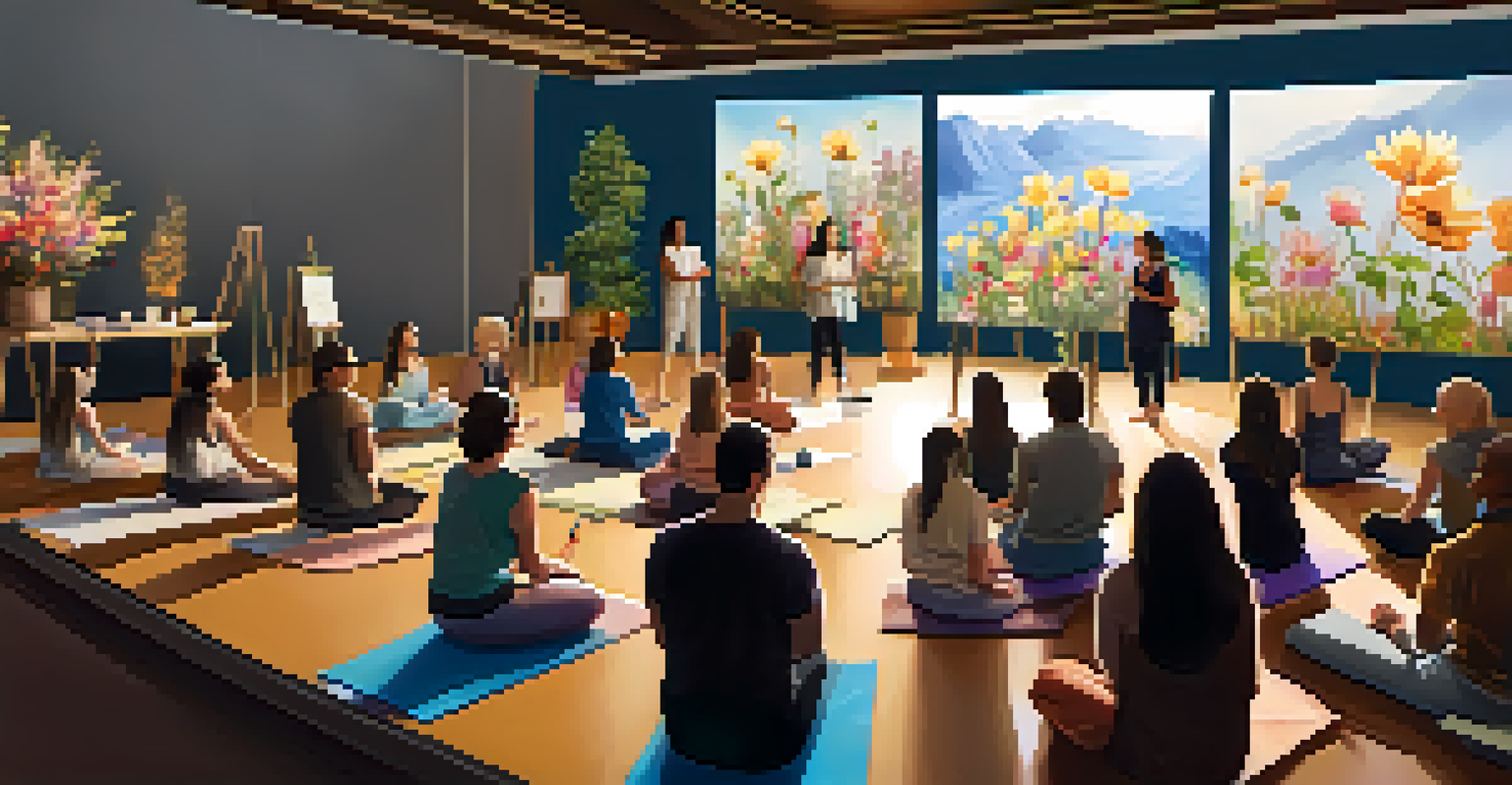 A diverse audience attending a yoga workshop with a speaker on stage, surrounded by flowers and soft lighting.