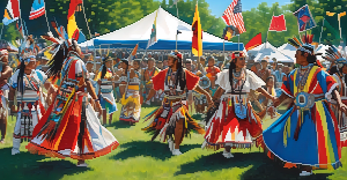 A lively Pow Wow celebration with tribal dancers in traditional clothing, colorful flags, and a green tree backdrop.