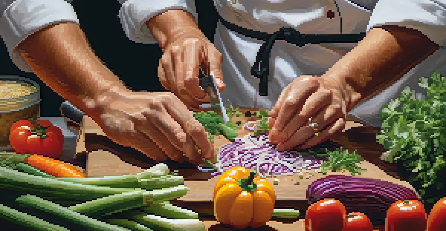A chef's hands chopping fresh vegetables, with a blurred festival scene in the background.