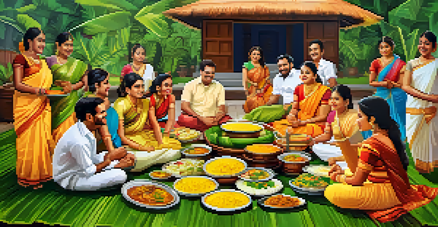 A traditional Onam Sadhya meal with colorful vegetarian dishes served on banana leaves, surrounded by families celebrating together.