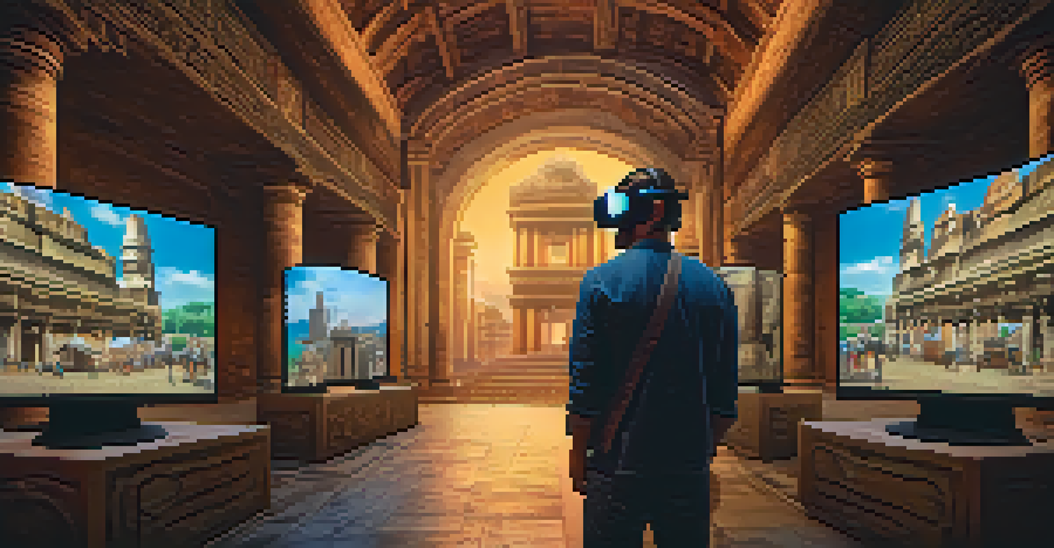 Person using virtual reality goggles, experiencing a digitally recreated ancient city displayed on a large screen.