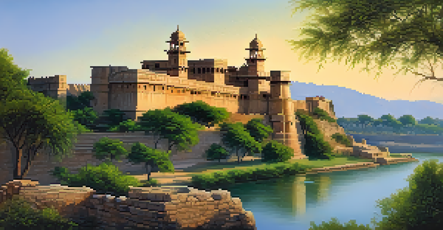 Chittorgarh Fort illuminated by morning light, showcasing its towering architecture and surrounding greenery.
