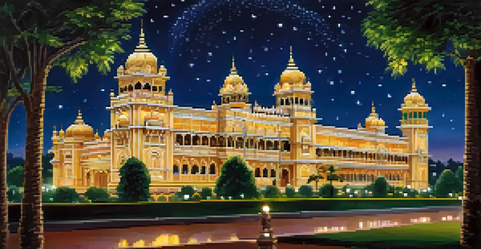 A well-lit Mysore Palace at night with intricate architecture and colorful reflections in the gardens.