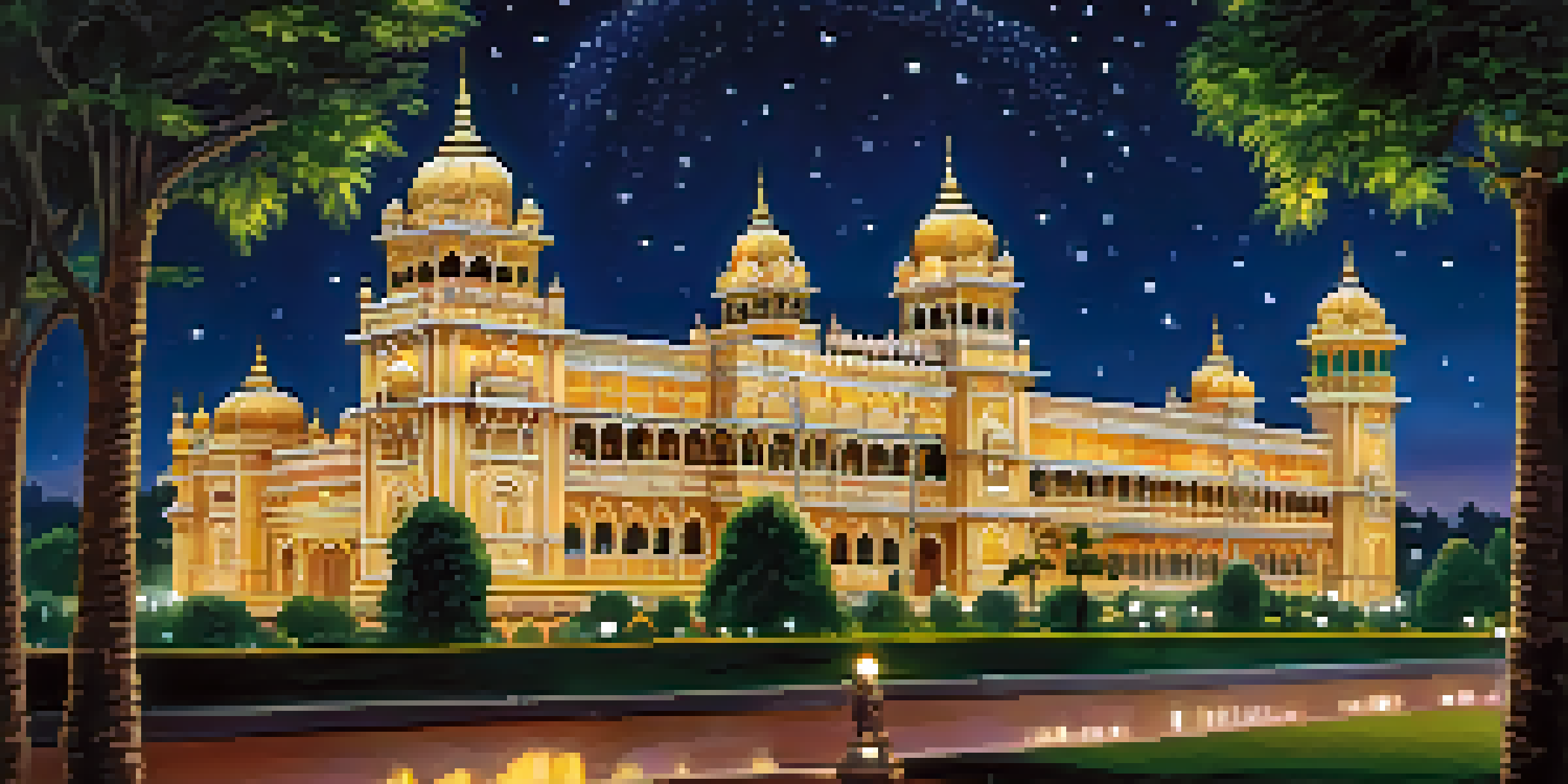 A well-lit Mysore Palace at night with intricate architecture and colorful reflections in the gardens.