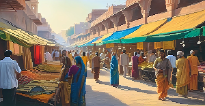 A vibrant market scene in Jaipur with colorful textiles and local artisans, illuminated by warm golden hour sunlight.