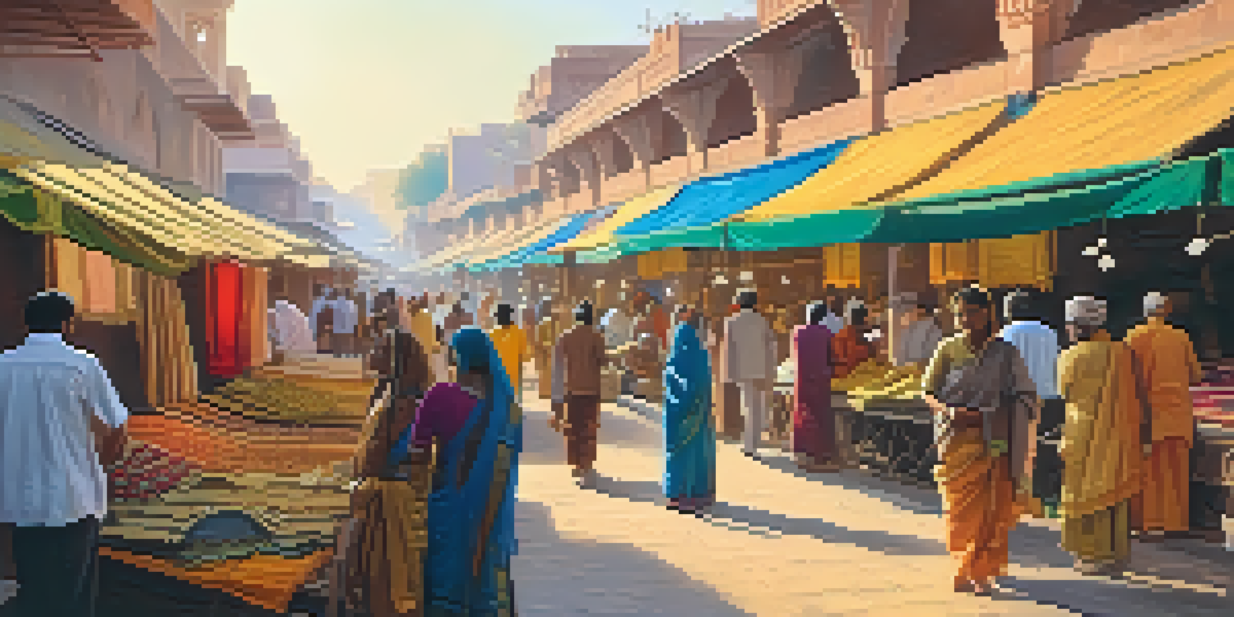 A vibrant market scene in Jaipur with colorful textiles and local artisans, illuminated by warm golden hour sunlight.