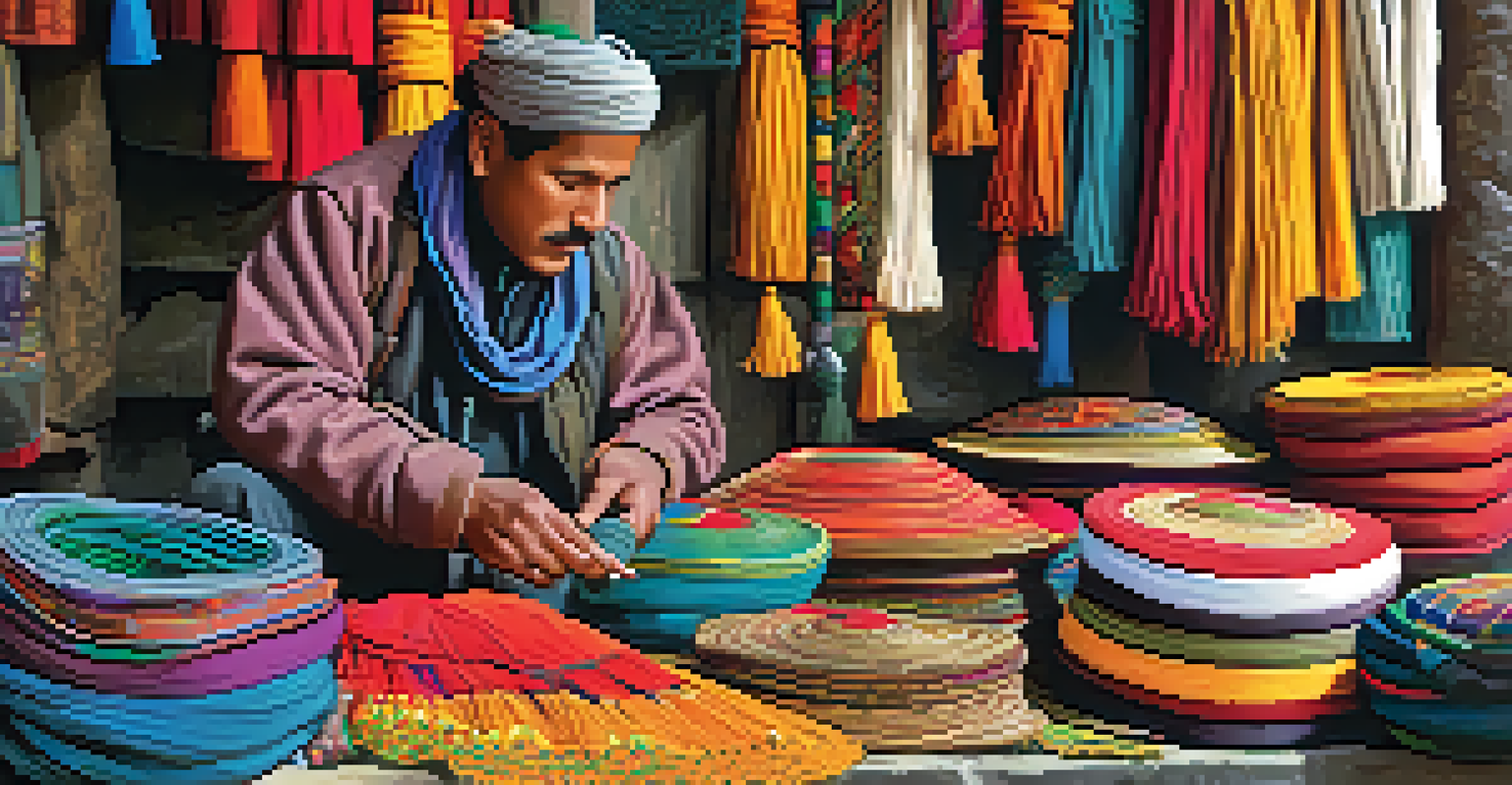 An artisan in traditional attire crafting handicrafts in a vibrant Himalayan market.