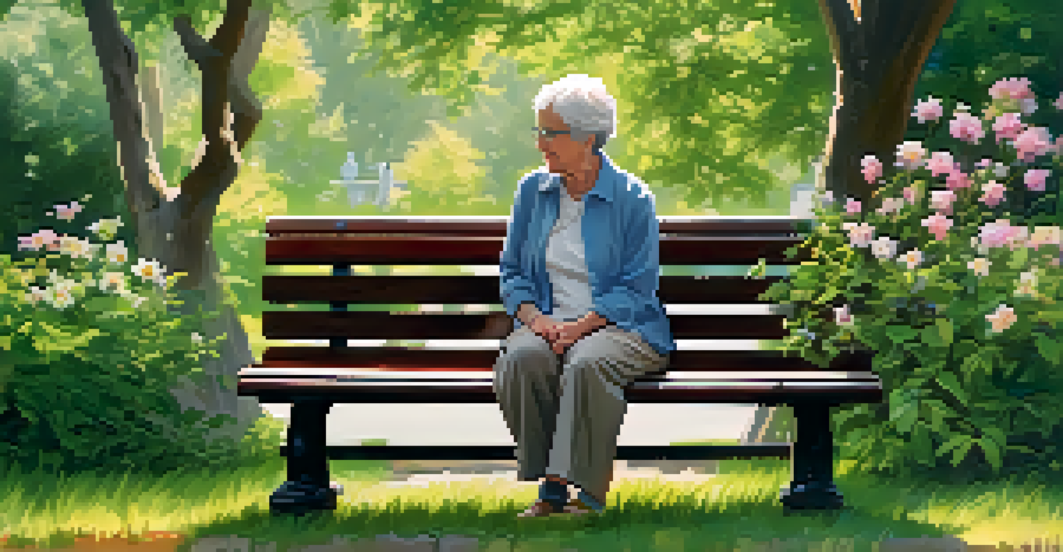 A grandparent and grandchild sitting on a park bench, sharing stories, with a notebook in hand, surrounded by lush greenery and flowers in soft afternoon light.