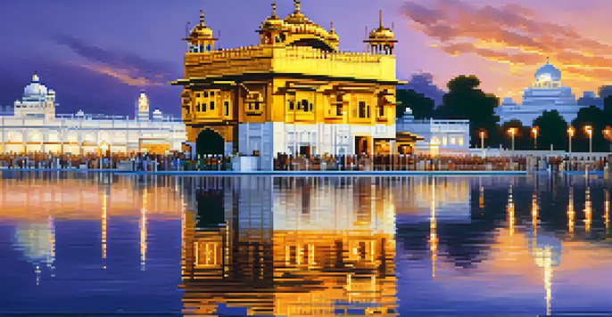 A peaceful scene of the Golden Temple in Amritsar during sunset, with its reflection in the water and devotees walking along the pathways.