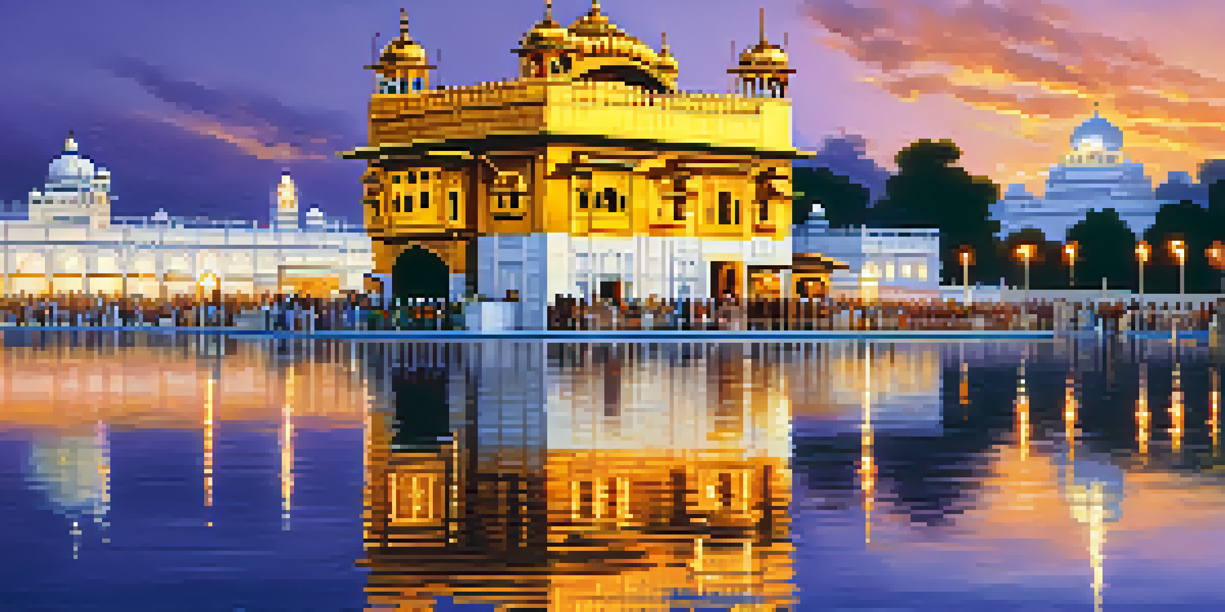A peaceful scene of the Golden Temple in Amritsar during sunset, with its reflection in the water and devotees walking along the pathways.