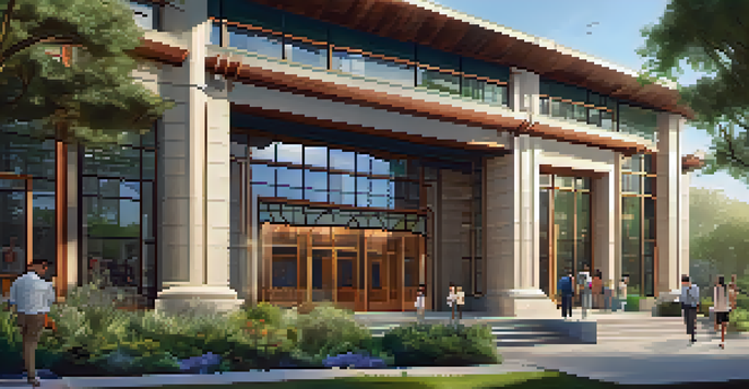 A modern Heritage Interpretation Center entrance surrounded by greenery, with visitors interacting with displays under warm sunlight.