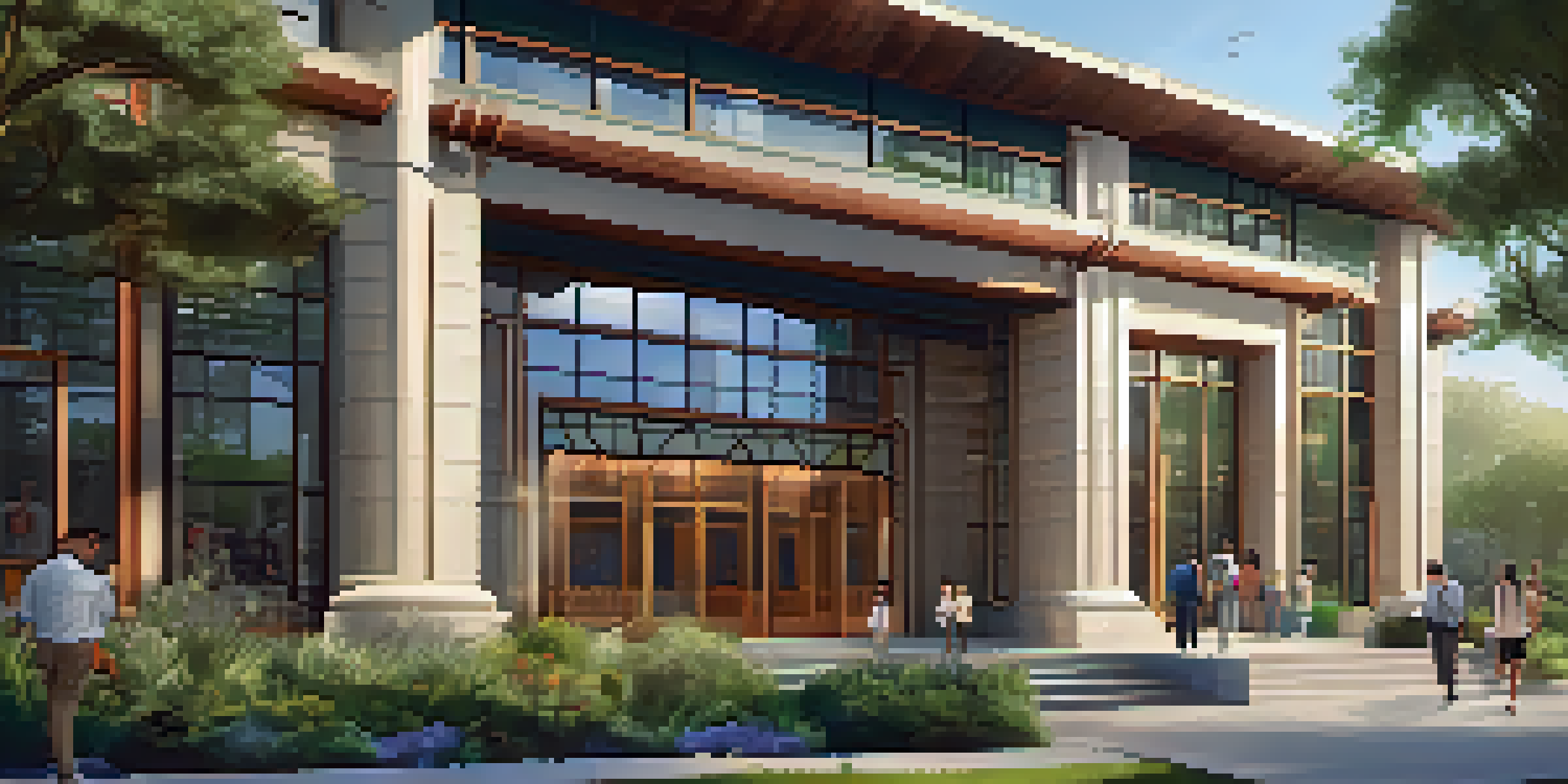A modern Heritage Interpretation Center entrance surrounded by greenery, with visitors interacting with displays under warm sunlight.