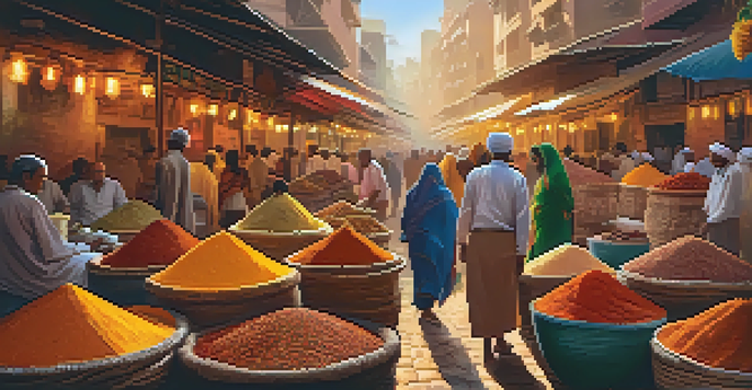 A busy Indian spice market filled with colorful spices in woven baskets and people interacting.