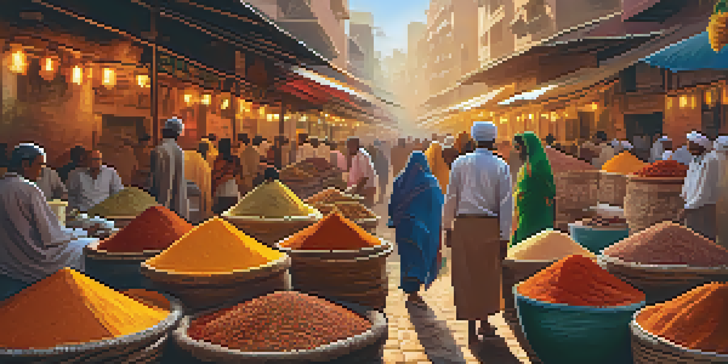 A busy Indian spice market filled with colorful spices in woven baskets and people interacting.