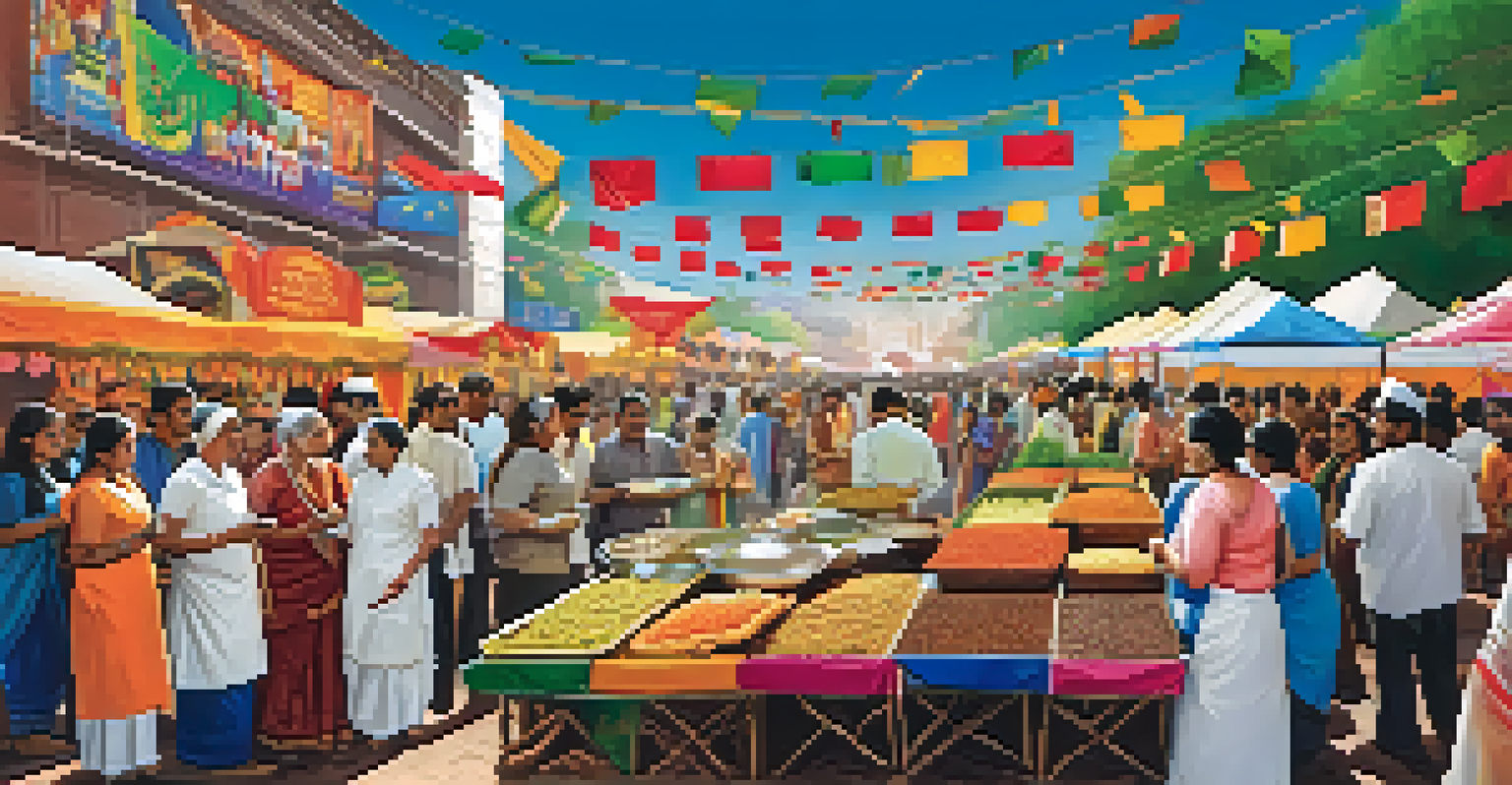 A lively culinary festival in India with people tasting food, cooking demonstrations, and colorful decorations.