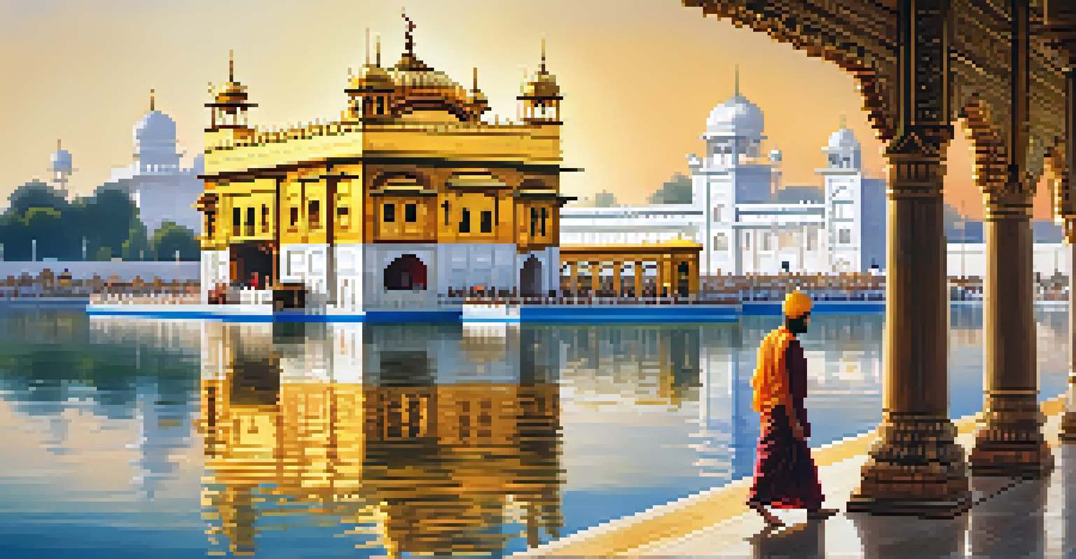 The Golden Temple in Amritsar glowing at sunset, with devotees walking around the reflective water, showcasing its intricate architecture and peaceful atmosphere.