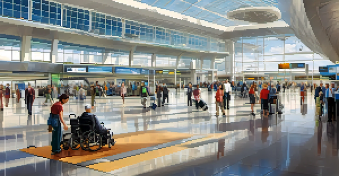 A modern airport terminal with wide pathways and tactile paving, showing diverse passengers including individuals in wheelchairs being assisted by smiling staff.