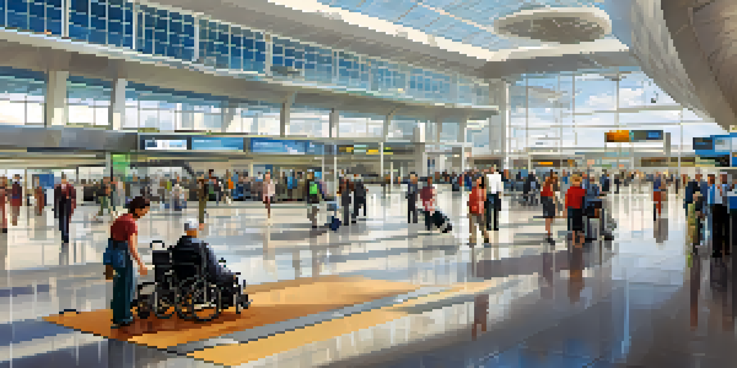 A modern airport terminal with wide pathways and tactile paving, showing diverse passengers including individuals in wheelchairs being assisted by smiling staff.
