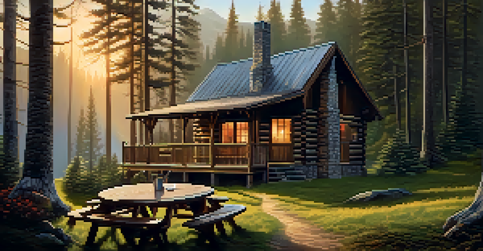 A cozy mountain cabin surrounded by pine trees, with a wooden deck, rustic chairs, and a steaming cup of coffee on a table.