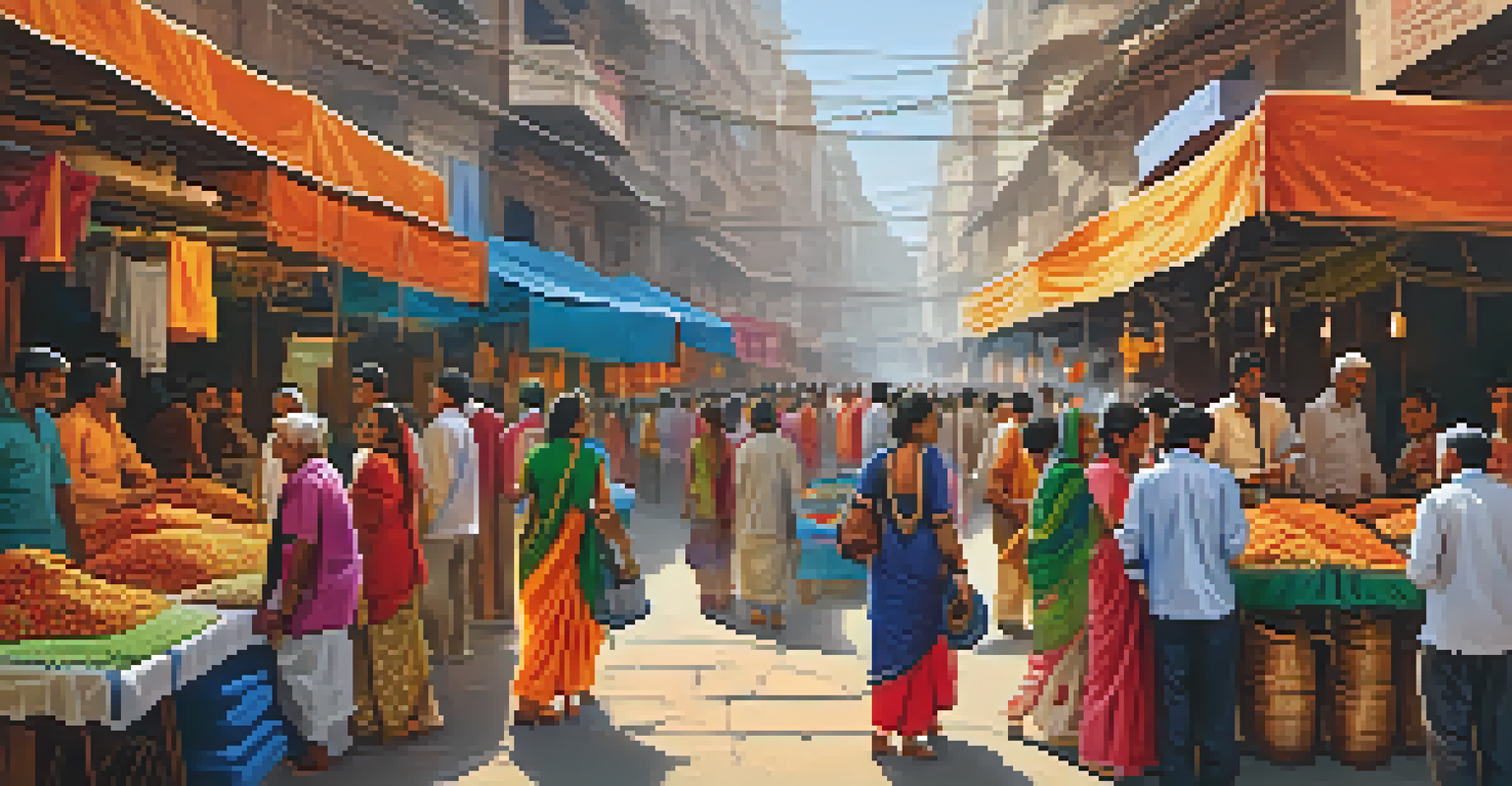 A lively market scene in Varanasi's Vishwanath Gali, showcasing colorful textiles, street food, and artisans with people interacting.
