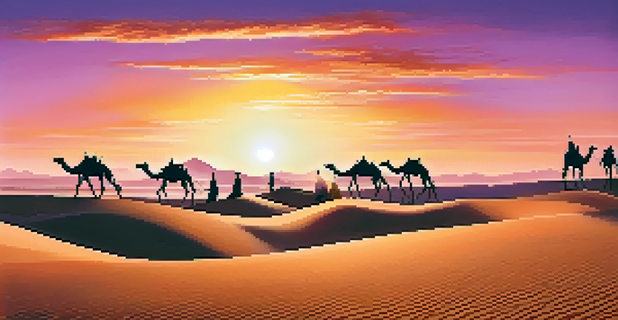 A stunning desert landscape at sunset with golden sand dunes, colorful sky, silhouettes of forts, and camels in the foreground.