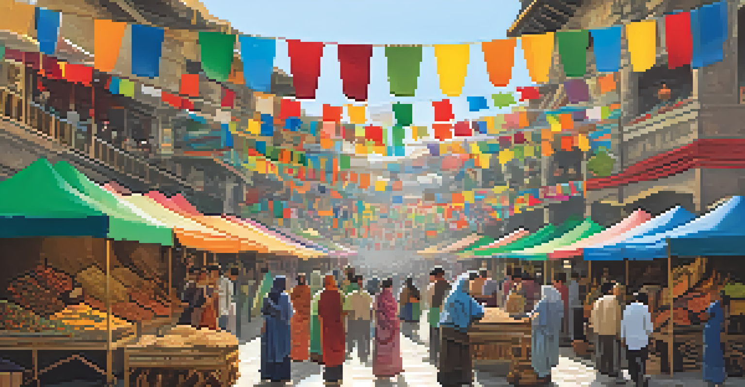 A vibrant marketplace at a cultural festival with stalls of handmade crafts and traditional foods, featuring visitors interacting with vendors under colorful flags.