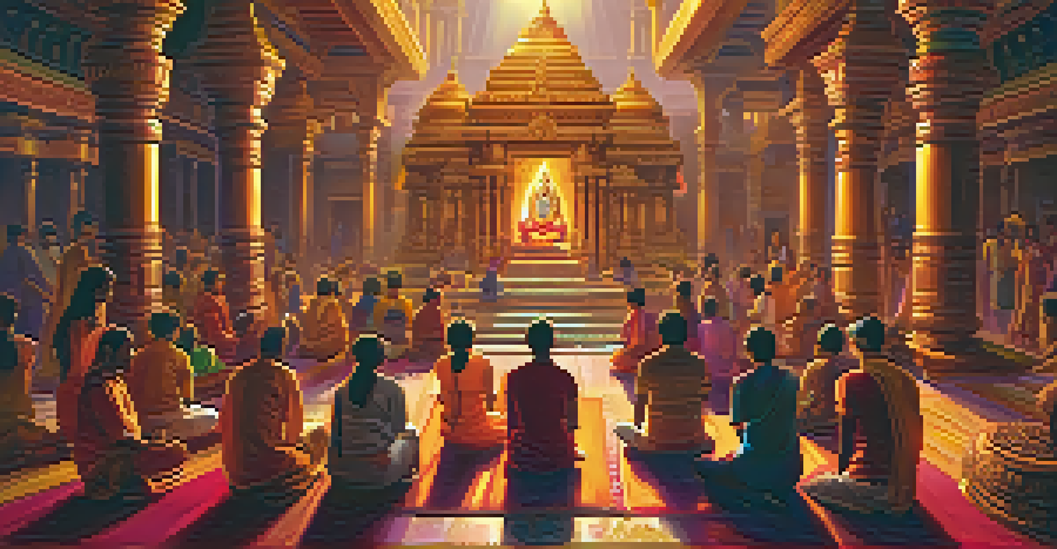 A lively interior of an Indian temple decorated for a festival, filled with devotees, colorful lights, and ornate sculptures.