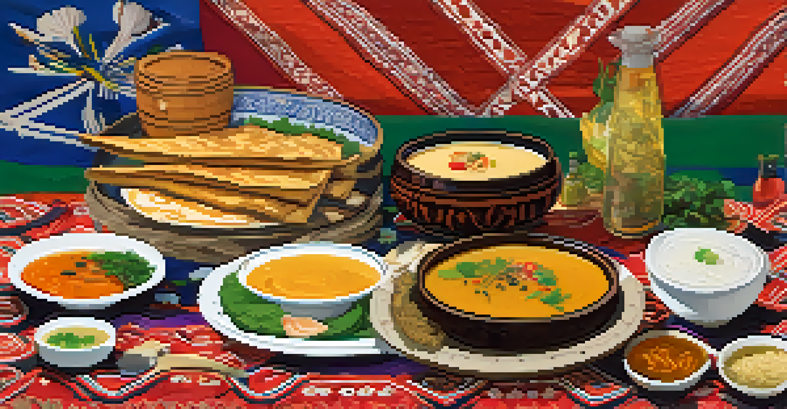 A collection of traditional fermented foods from different cultures displayed on a colorful tablecloth.