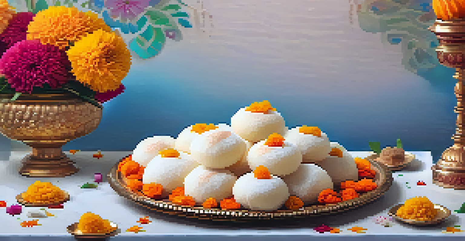 A decorative platter of East Indian sweets like rasgulla and sandesh, surrounded by marigold flowers and festive decorations.