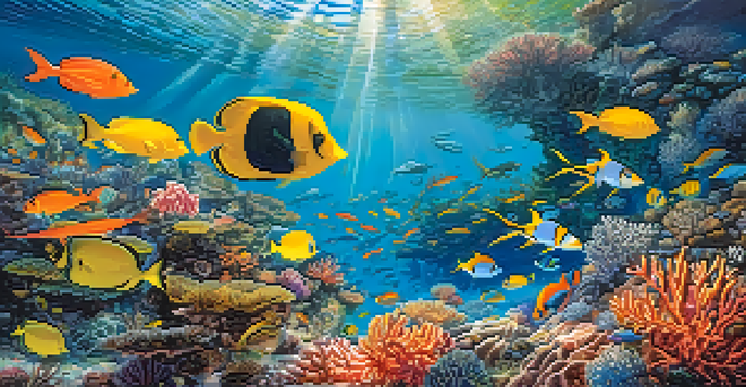 An underwater scene with a colorful coral reef and a school of fish swimming around, with sunlight filtering through clear water.