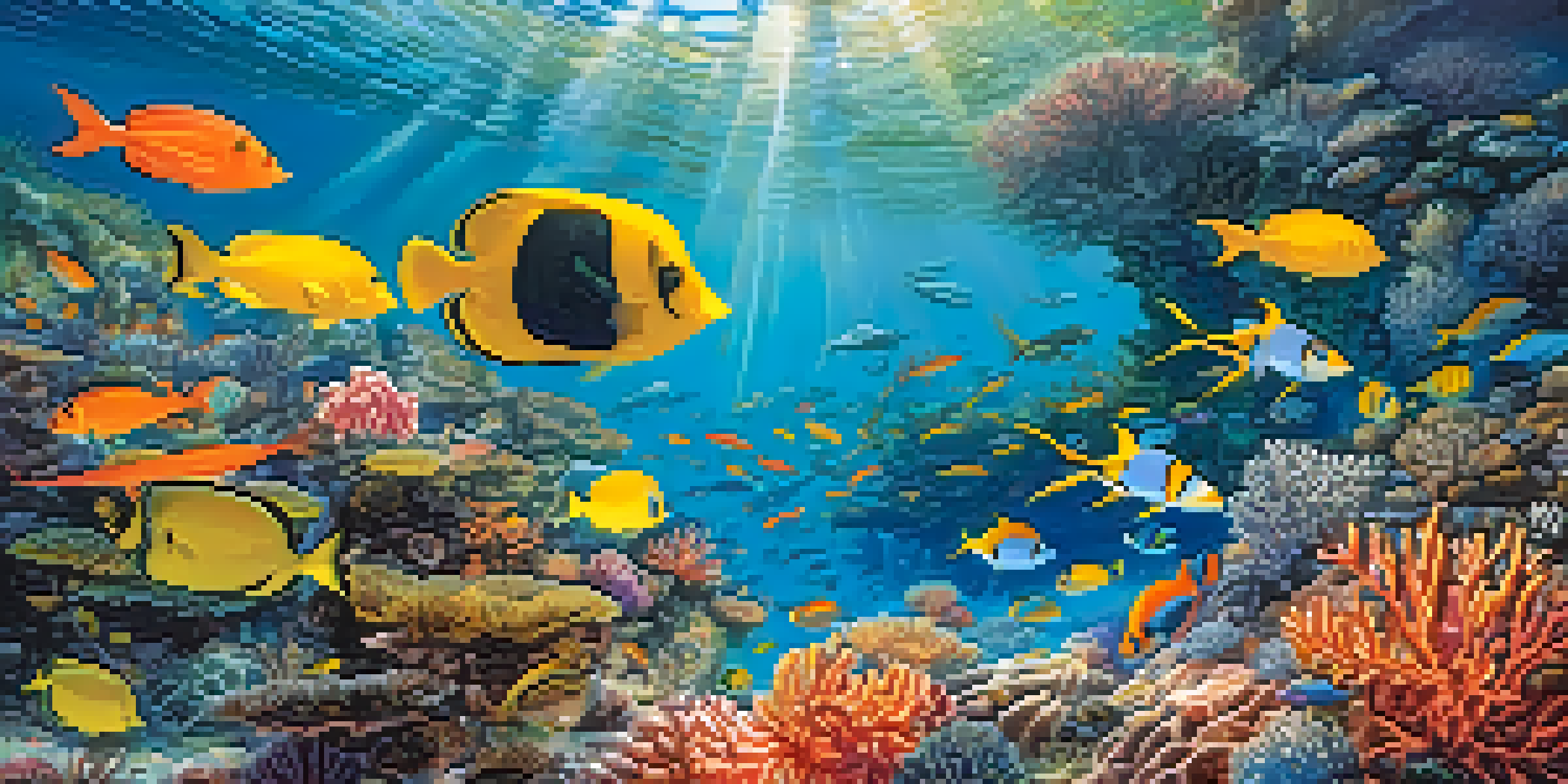 An underwater scene with a colorful coral reef and a school of fish swimming around, with sunlight filtering through clear water.