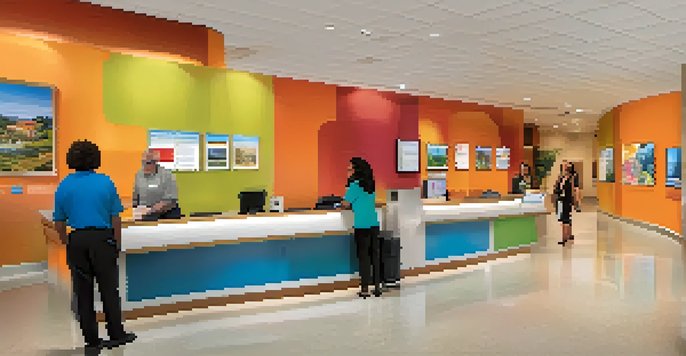 A tourist information center with staff helping diverse visitors, showcasing accessibility features like braille signage and digital information screens.