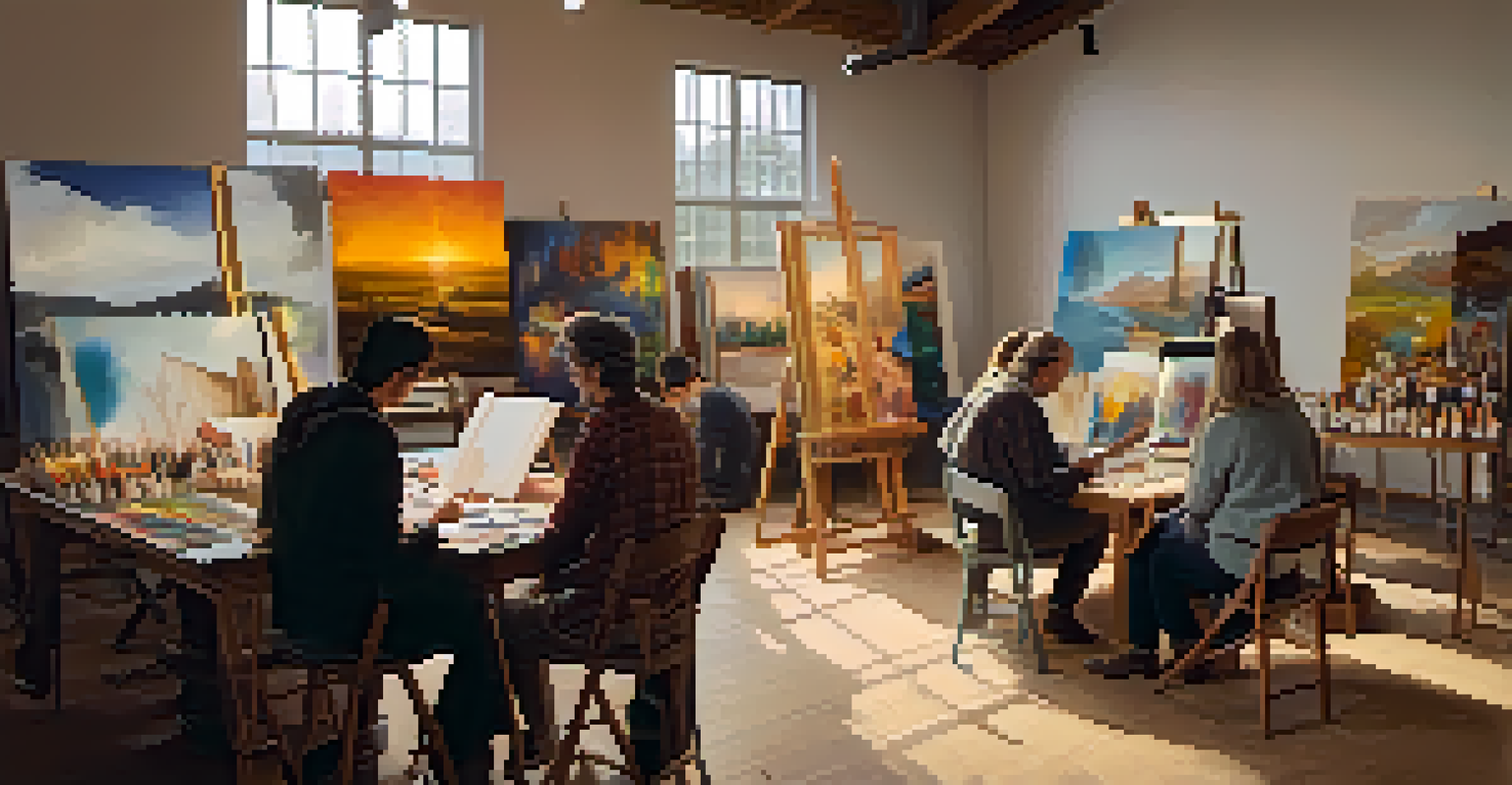 An intimate workshop at an art festival with a mentor teaching emerging artists, surrounded by art supplies and canvases in a warmly lit room.