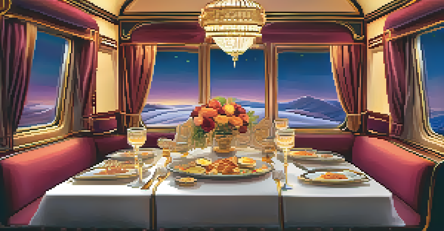 A beautifully arranged dining table in a vintage train, featuring a luxurious meal and elegant tableware.