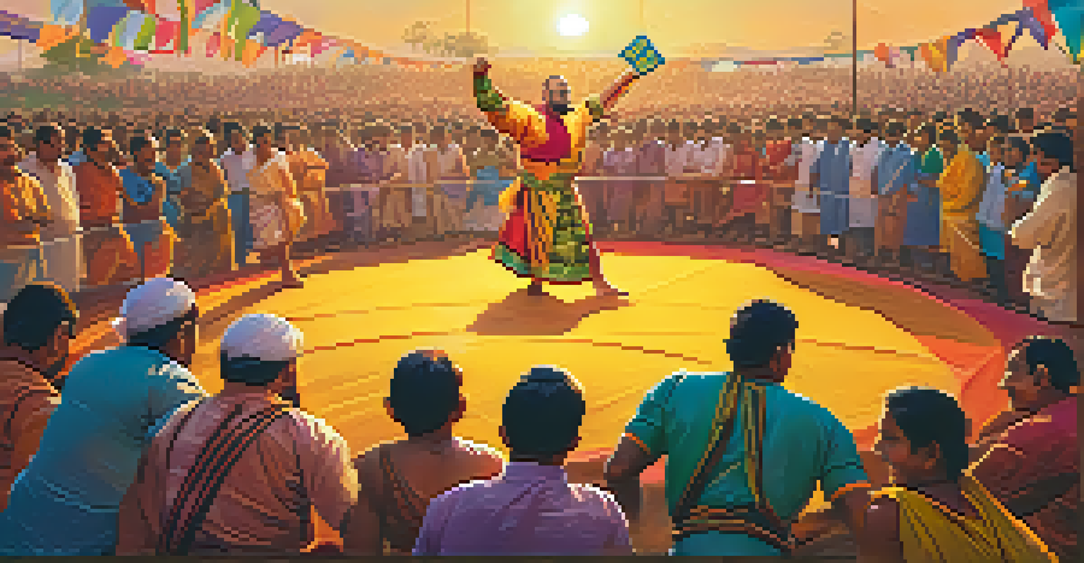 A lively festival scene with a crowd cheering around a wrestling ring, showcasing Pehlwani wrestlers in traditional attire.