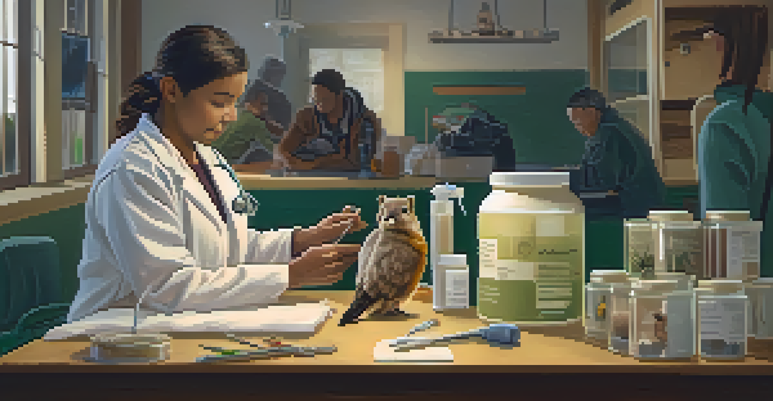 A close-up of a wildlife rehabilitation workshop with medical supplies and an injured animal being cared for.